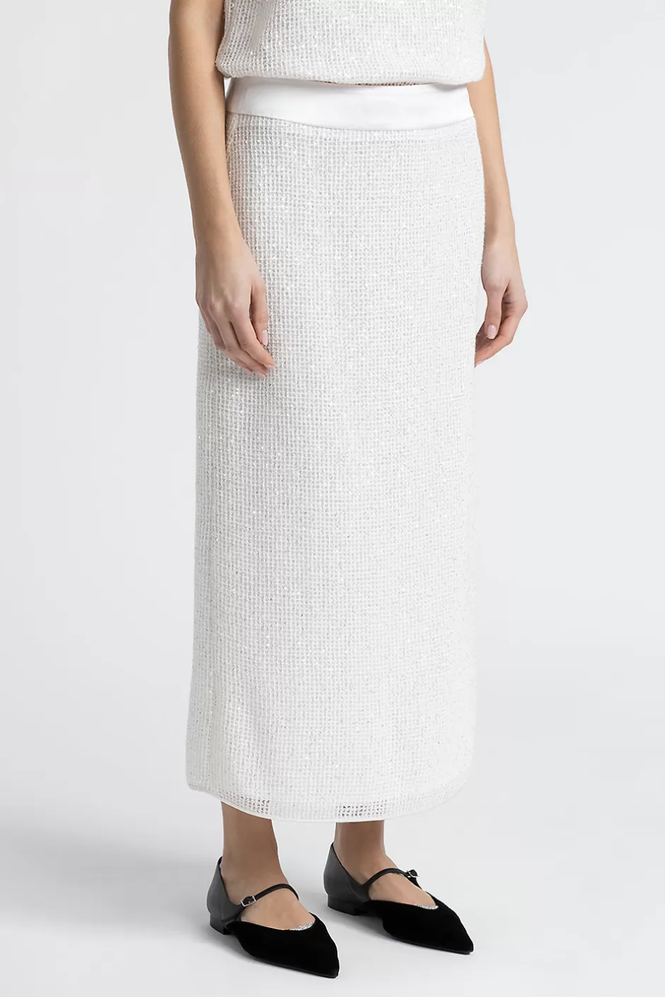 Gonne | Peserico Gonna Lunga In Rete Di Lana, Mohair E Seta Con Paillettes Bianco naturale