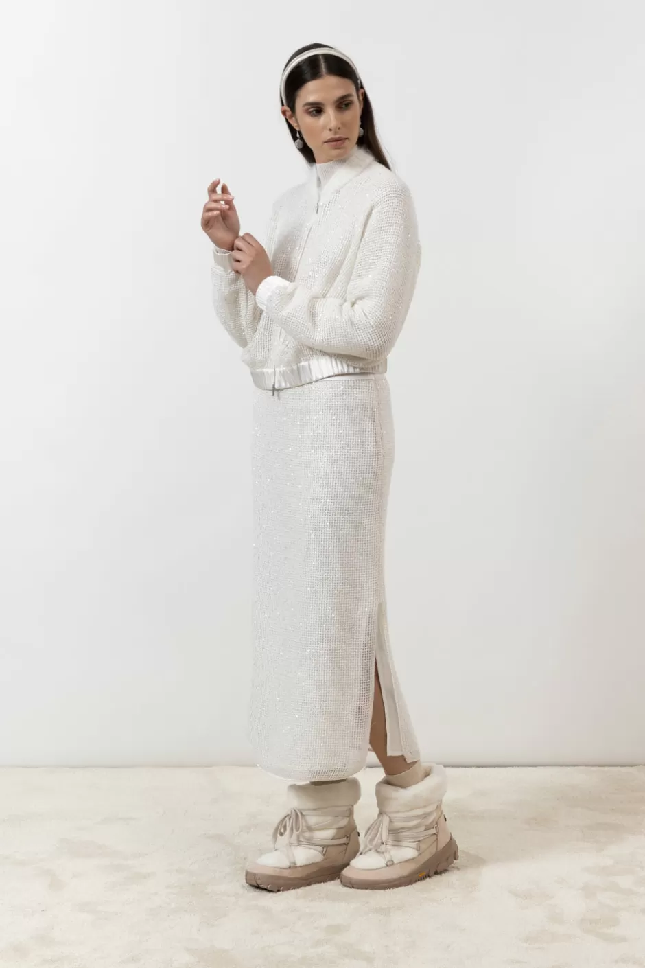 Gonne | Peserico Gonna Lunga In Rete Di Lana, Mohair E Seta Con Paillettes Bianco naturale