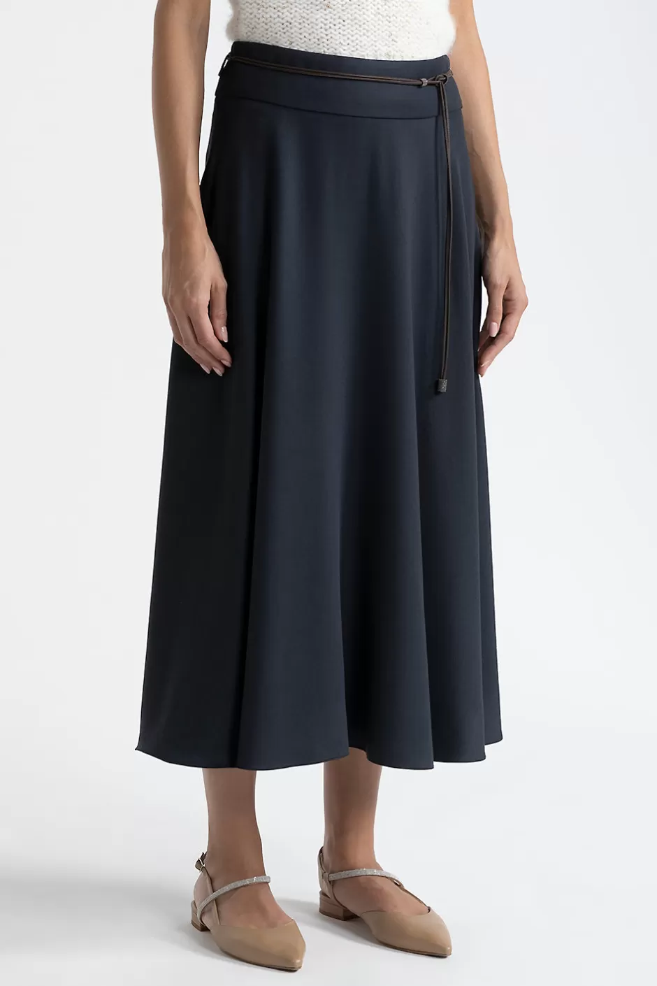 Gonne | Peserico Gonna Lunga In Twill Di Lana E Viscosa Con Cintura Blu calamaio