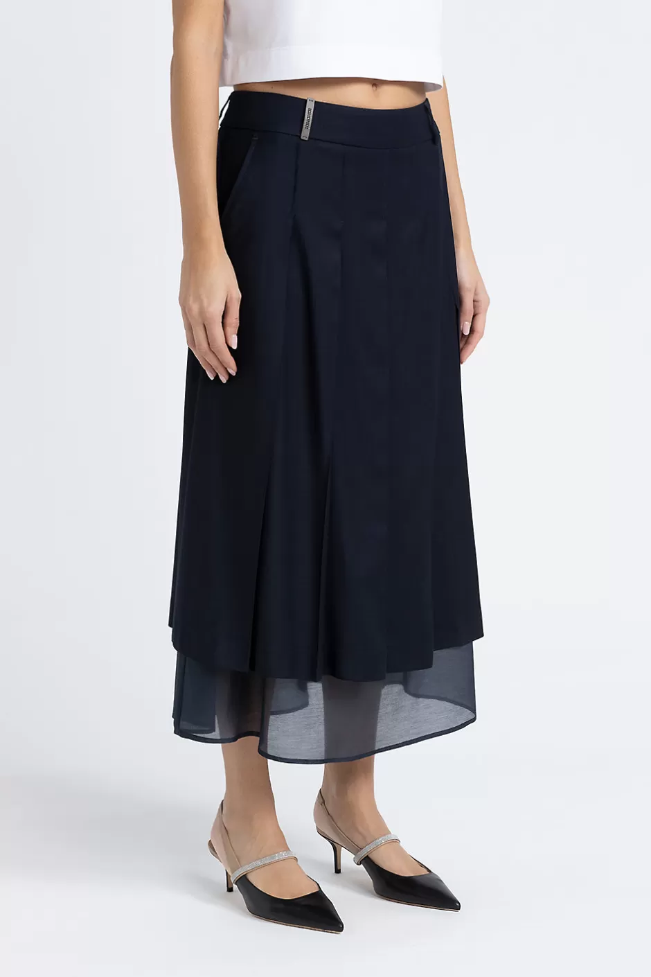 Gonne | Peserico Gonna Midi In Twill Di Lana Viscosa E Organza Blu calamaio