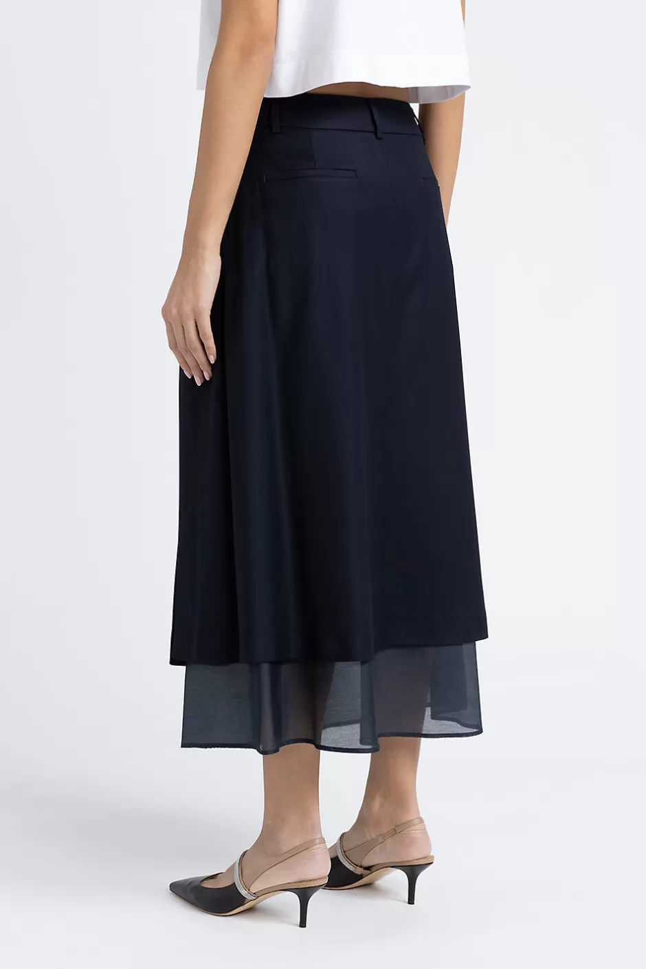 Gonne | Peserico Gonna Midi In Twill Di Lana Viscosa E Organza Blu calamaio