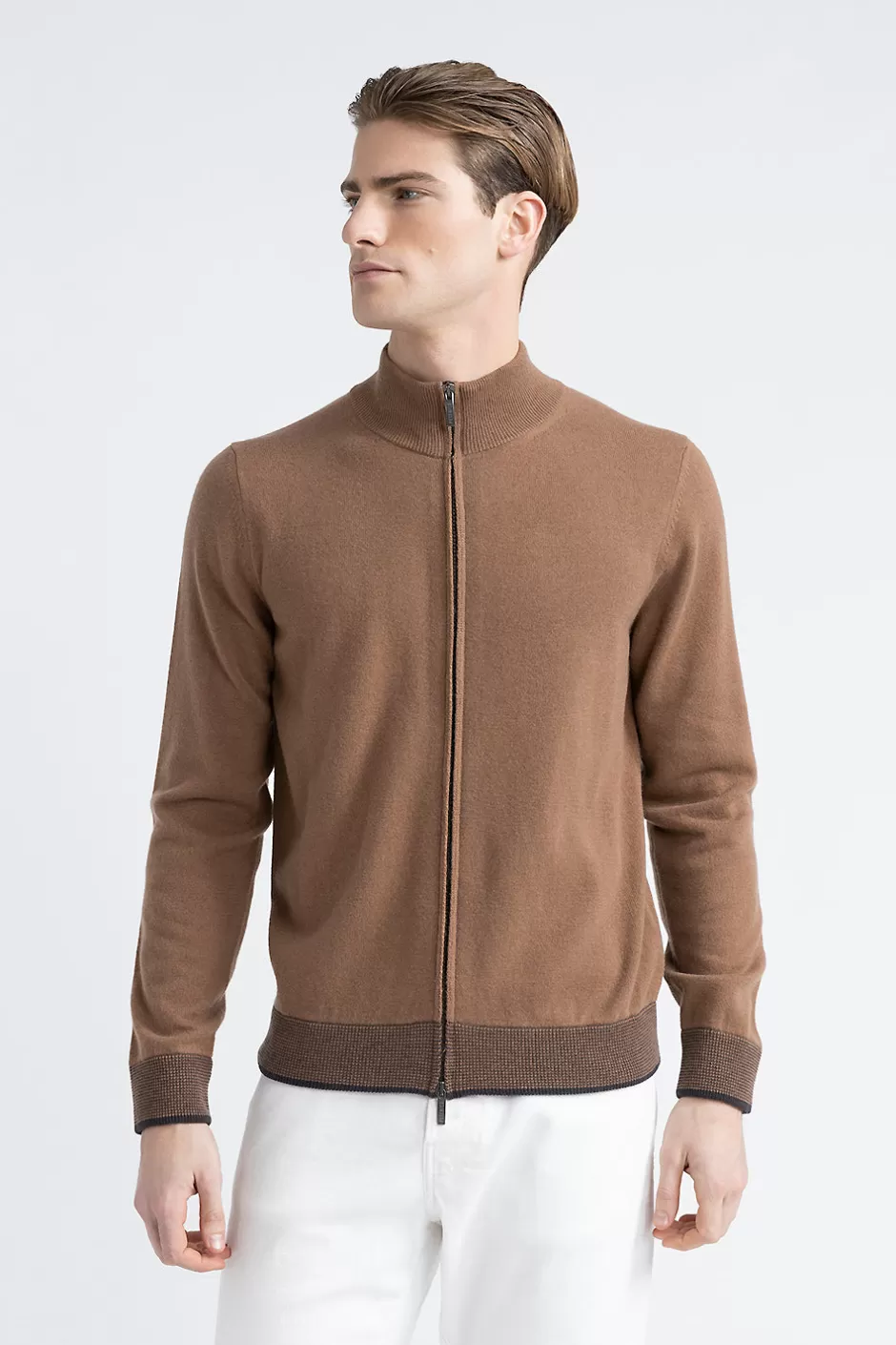 Maglieria | Peserico Maglia Collo Alto Con Zip In Lana, Seta E Cashmere Castagno