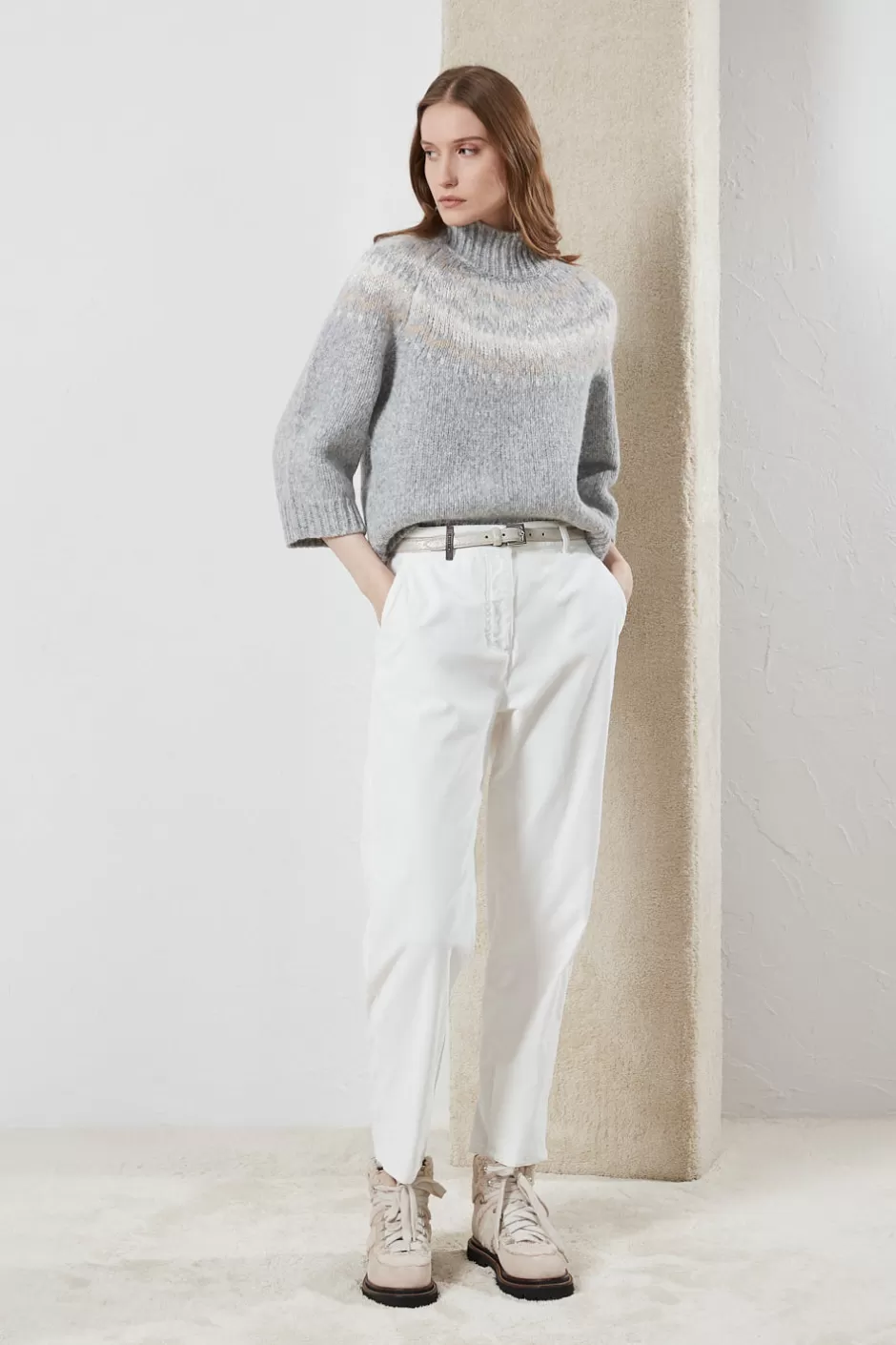 Maglieria | Peserico Maglia Collo Alto Jacquard In Alpaca, Lana E Micropaillettes Grigio nebbia