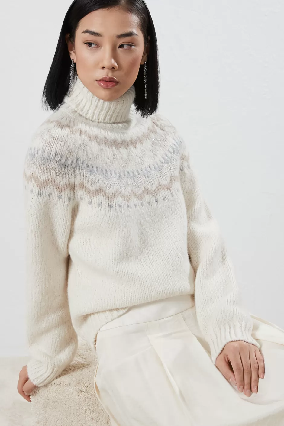 Maglieria | Peserico Maglia Con Motivo Nordico In Alpaca E Lana Con Paillettes Bianco