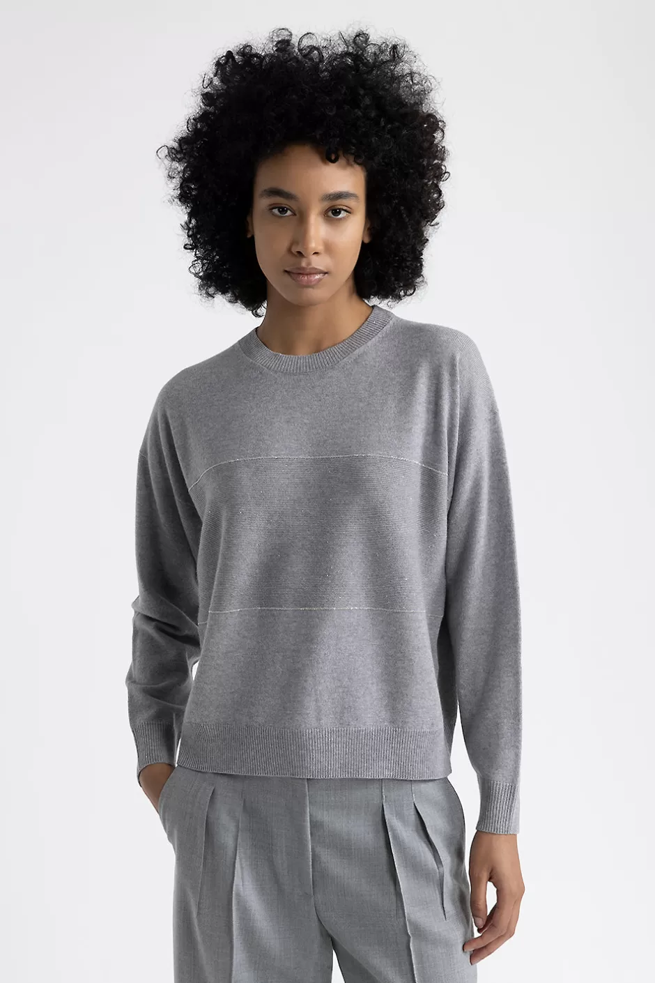 Maglieria | Peserico Maglia Girocollo Con Ricami In Lana, Seta E Cashmere Con Lurex Granito