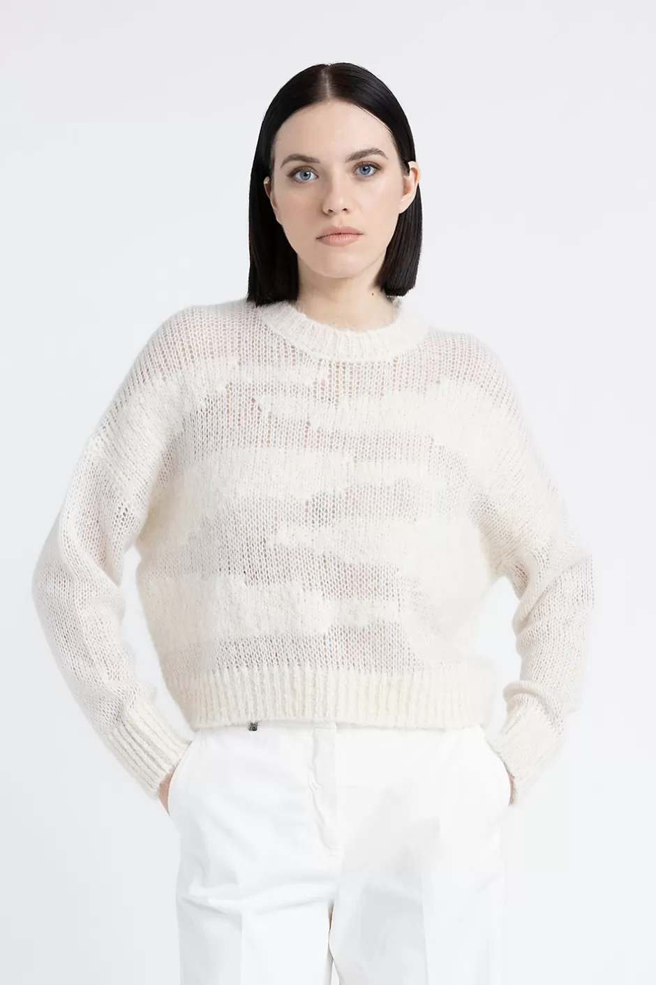 Maglieria | Peserico Maglia Girocollo In Lana Merino, Alpaca E Lurex Bianco naturale