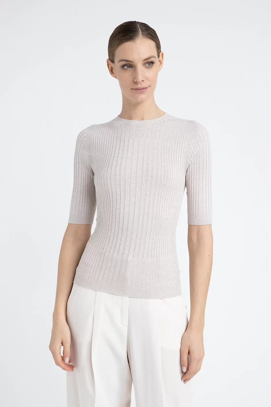 Maglieria | Peserico Maglia Maniche Corte A Coste In Filato Di Viscosa E Lurex Orzo