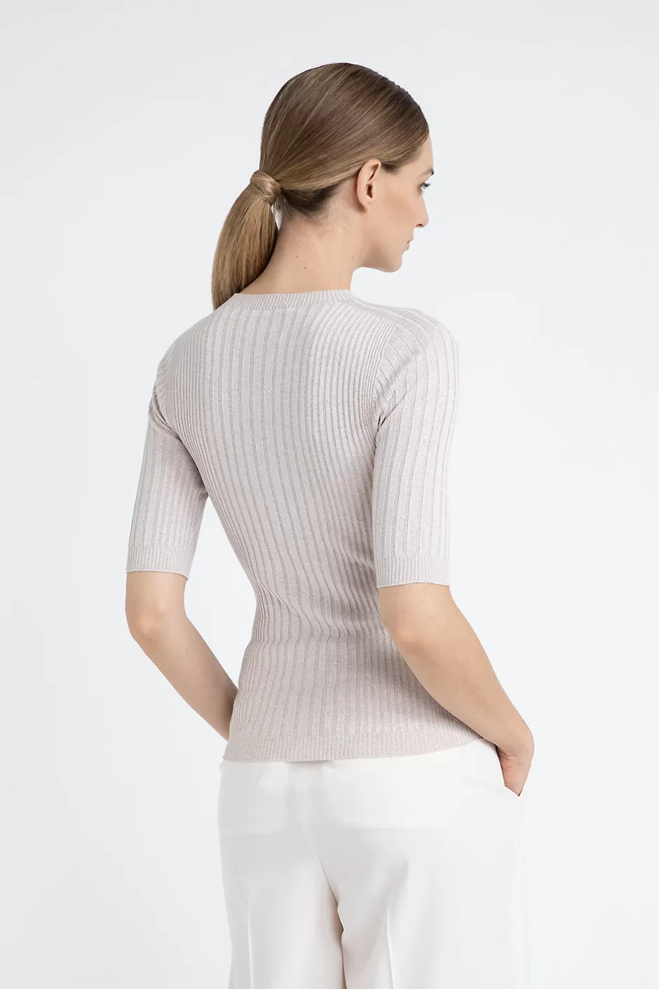 Maglieria | Peserico Maglia Maniche Corte A Coste In Filato Di Viscosa E Lurex Orzo