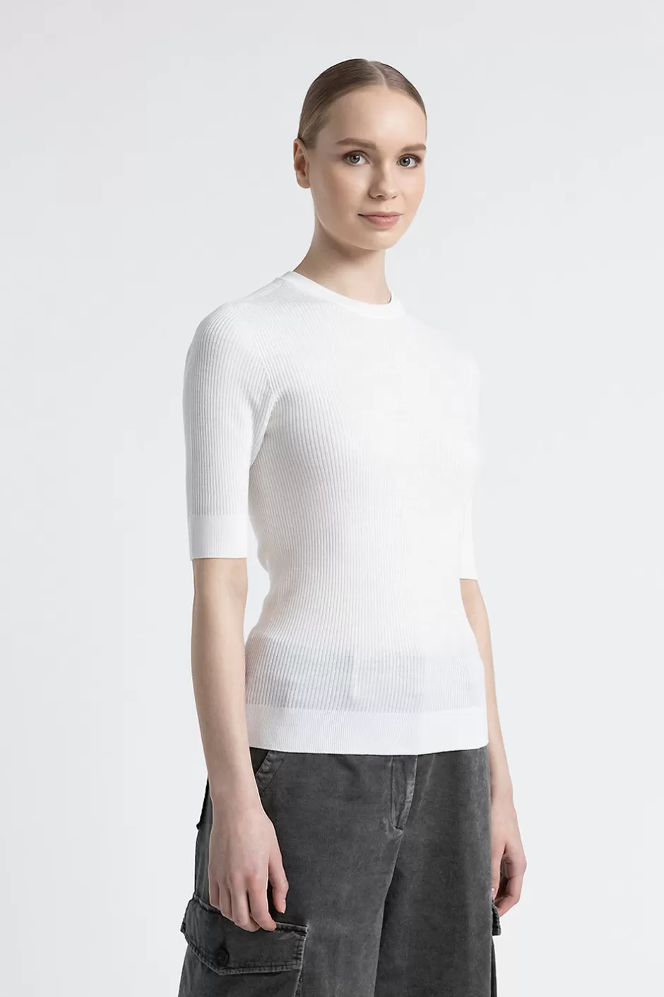 Maglieria | Peserico Maglia Maniche Corte A Coste In Pura Lana Vergine Bianco