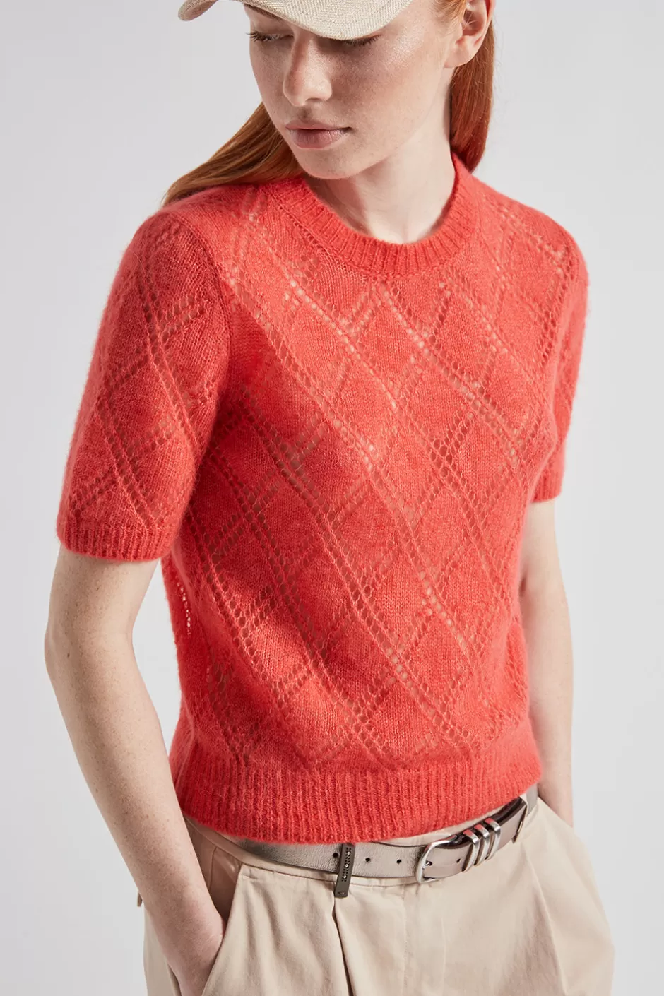 Maglieria | Peserico Maglia Maniche Corte A Rombi In Lana Merino E Alpaca Rosso foliage