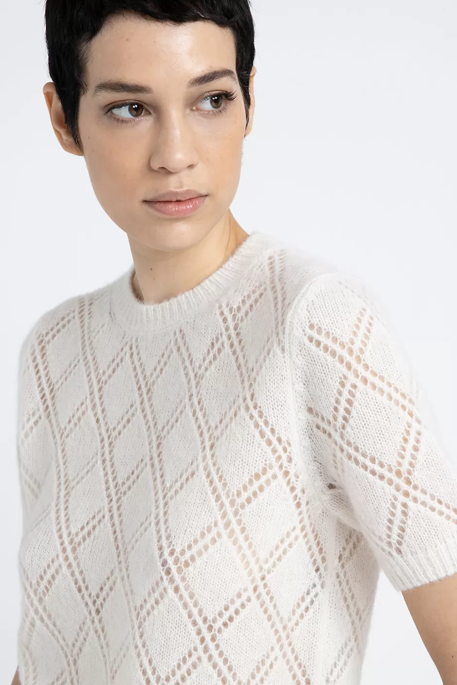 Maglieria | Peserico Maglia Maniche Corte A Rombi In Lana Merino E Alpaca Bianco naturale
