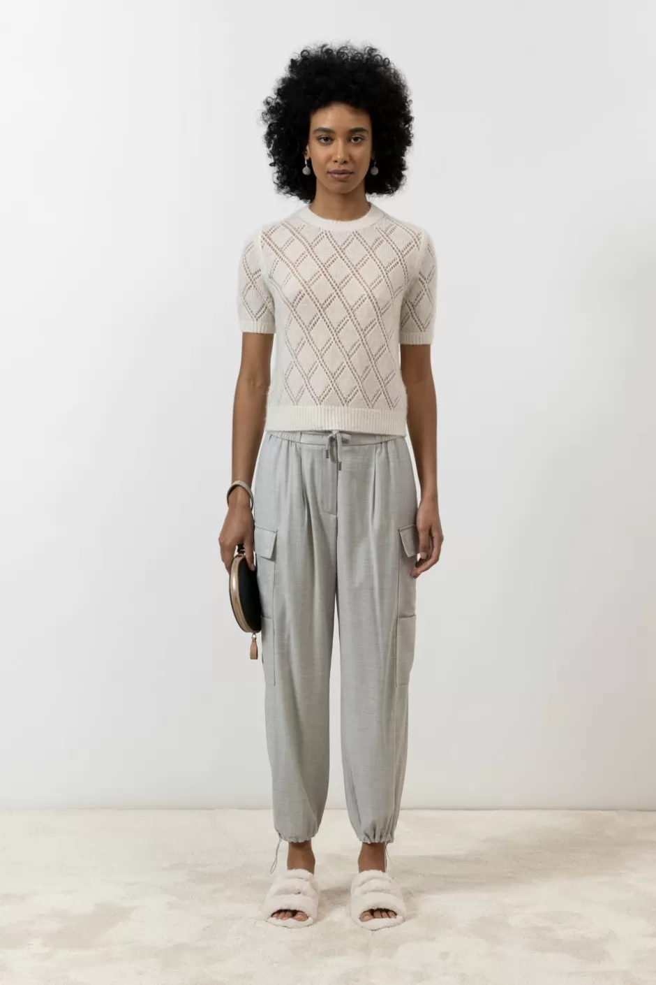 Maglieria | Peserico Maglia Maniche Corte A Rombi In Lana Merino E Alpaca Bianco naturale