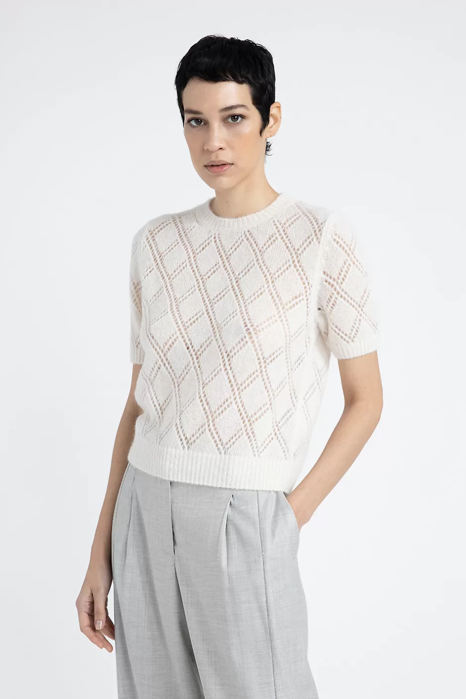 Maglieria | Peserico Maglia Maniche Corte A Rombi In Lana Merino E Alpaca Bianco naturale