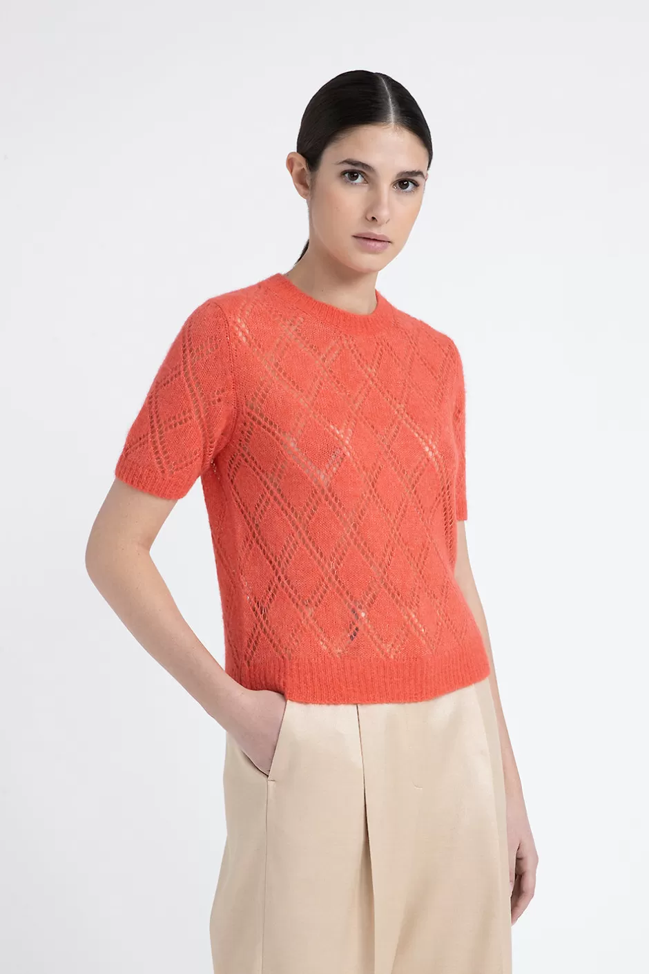 Maglieria | Peserico Maglia Maniche Corte A Rombi In Lana Merino E Alpaca Rosso foliage