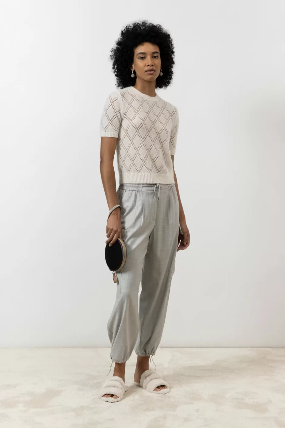 Maglieria | Peserico Maglia Maniche Corte A Rombi In Lana Merino E Alpaca Bianco naturale