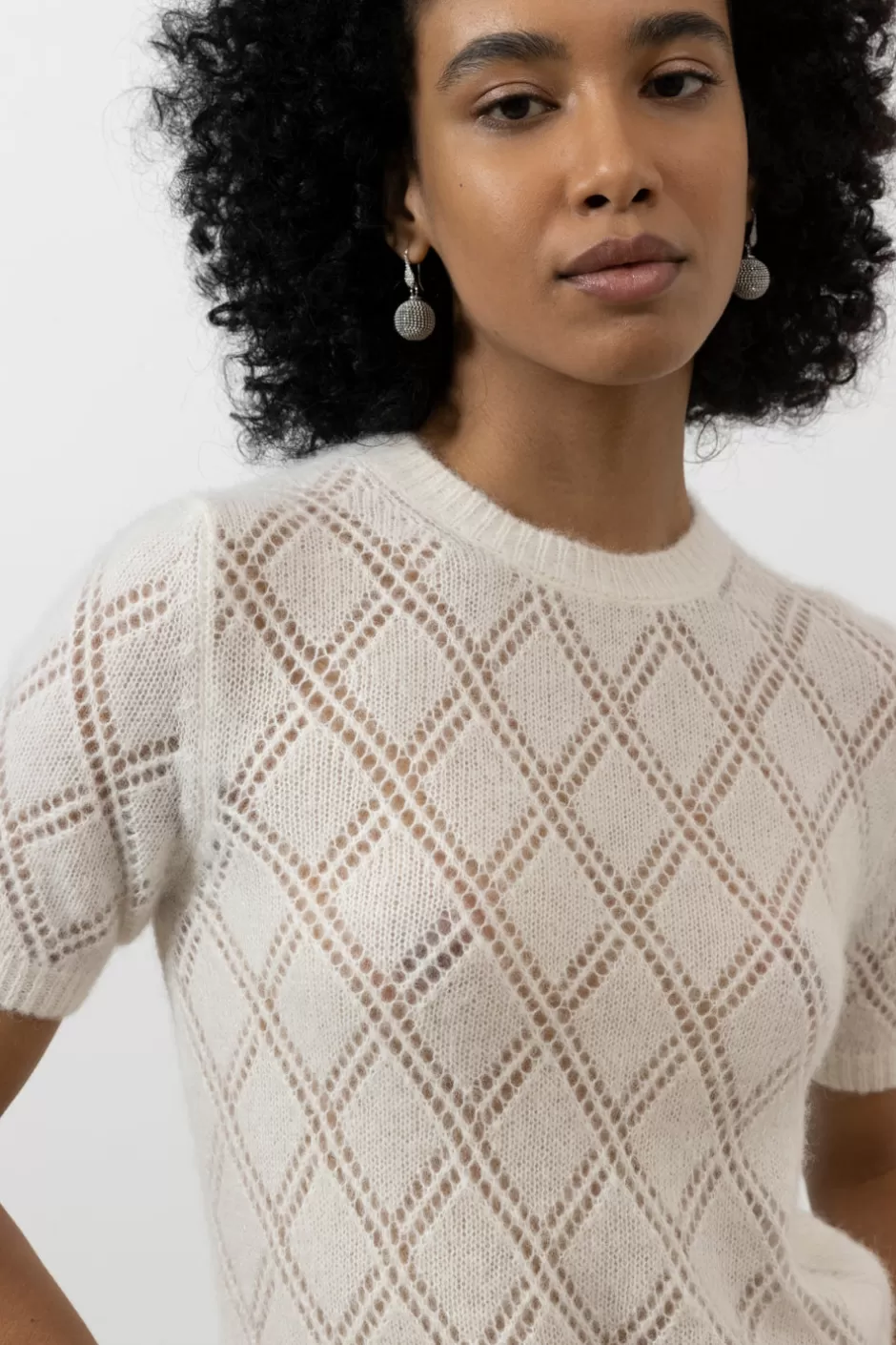 Maglieria | Peserico Maglia Maniche Corte A Rombi In Lana Merino E Alpaca Bianco naturale