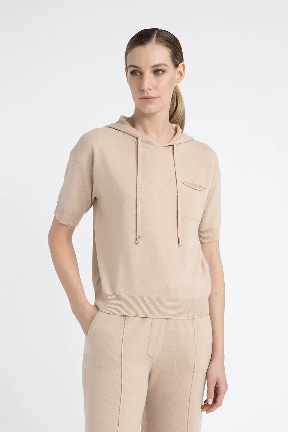 Completi E Set Coordinati | Maglieria | Peserico Maglia Maniche Corte Con Cappuccio In Lana Seta Cashmere Latte macchiato
