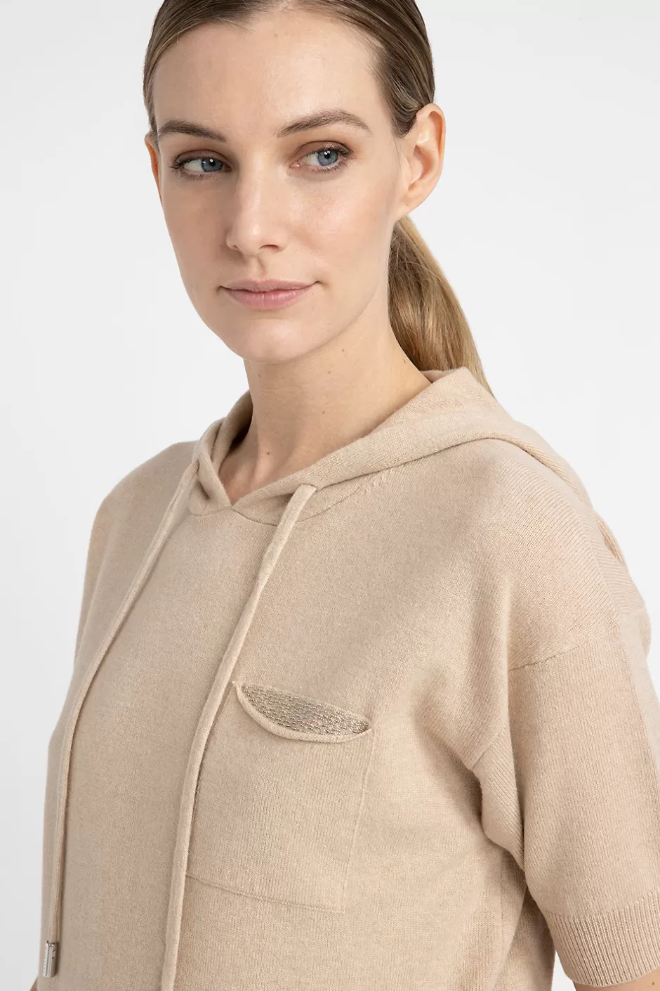 Completi E Set Coordinati | Maglieria | Peserico Maglia Maniche Corte Con Cappuccio In Lana Seta Cashmere Latte macchiato