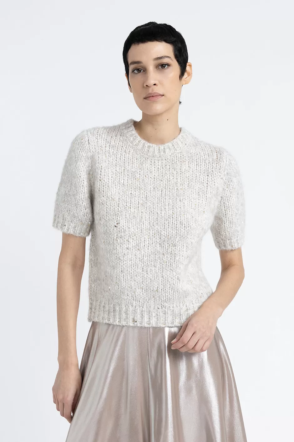 Maglieria | Peserico Maglia Maniche Corte In Muliné Di Misto Alpaca E Paillettes Grigio nebbia