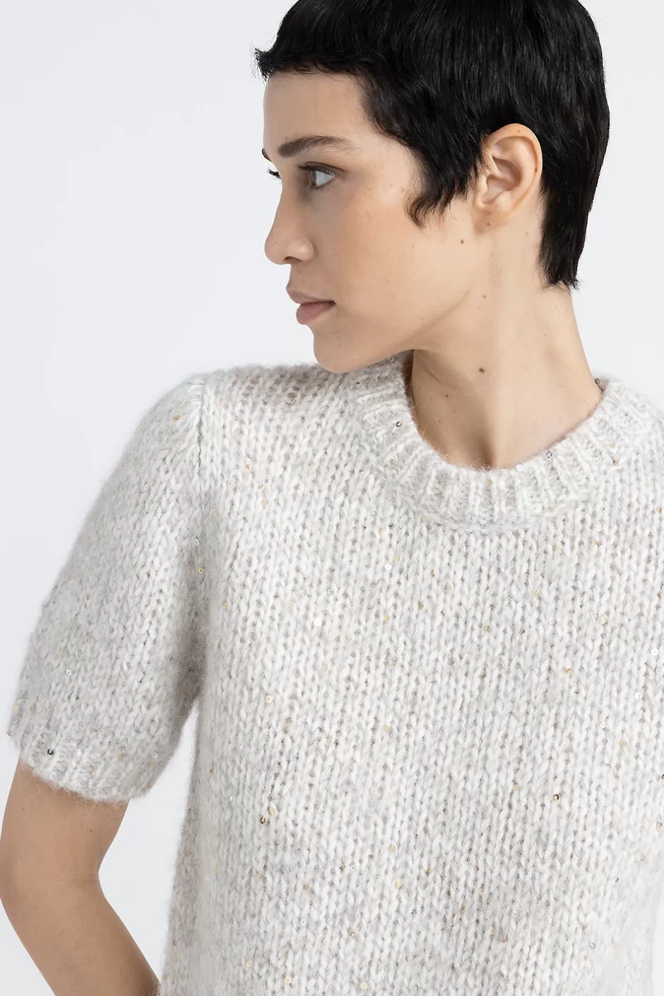 Maglieria | Peserico Maglia Maniche Corte In Muliné Di Misto Alpaca E Paillettes Grigio nebbia