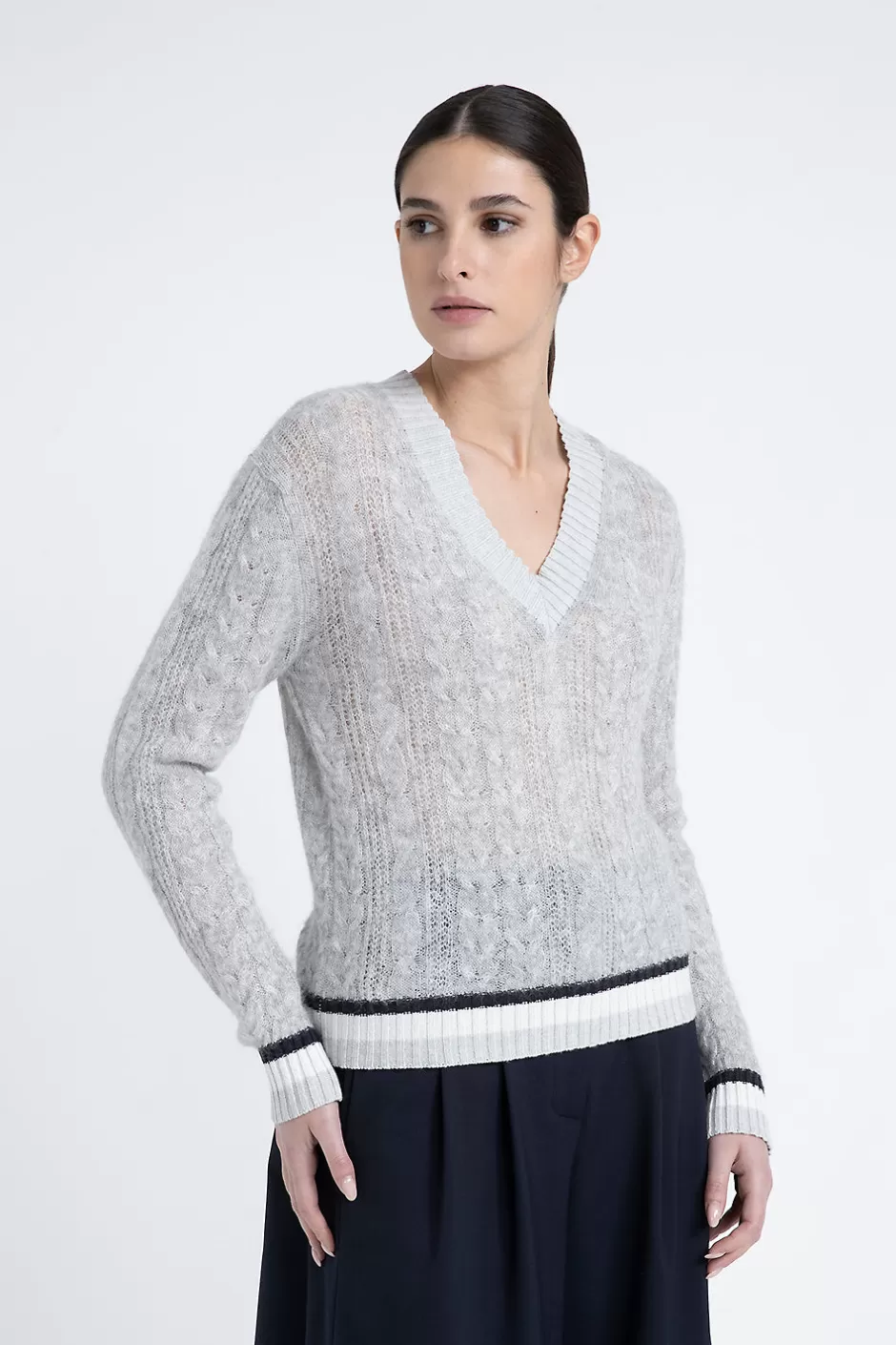 Maglieria | Peserico Maglia Scollo A V A Trecce In Lana Merino, Alpaca E Lurex Grigio nebbia
