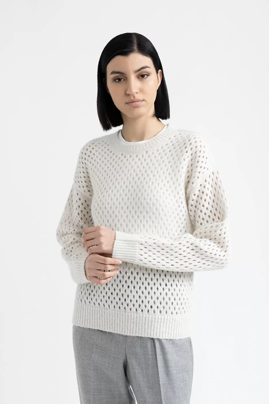 Maglieria | Peserico Maglia Traforata In Lana, Seta, Cashmere, Alpaca E Lurex Bianco naturale