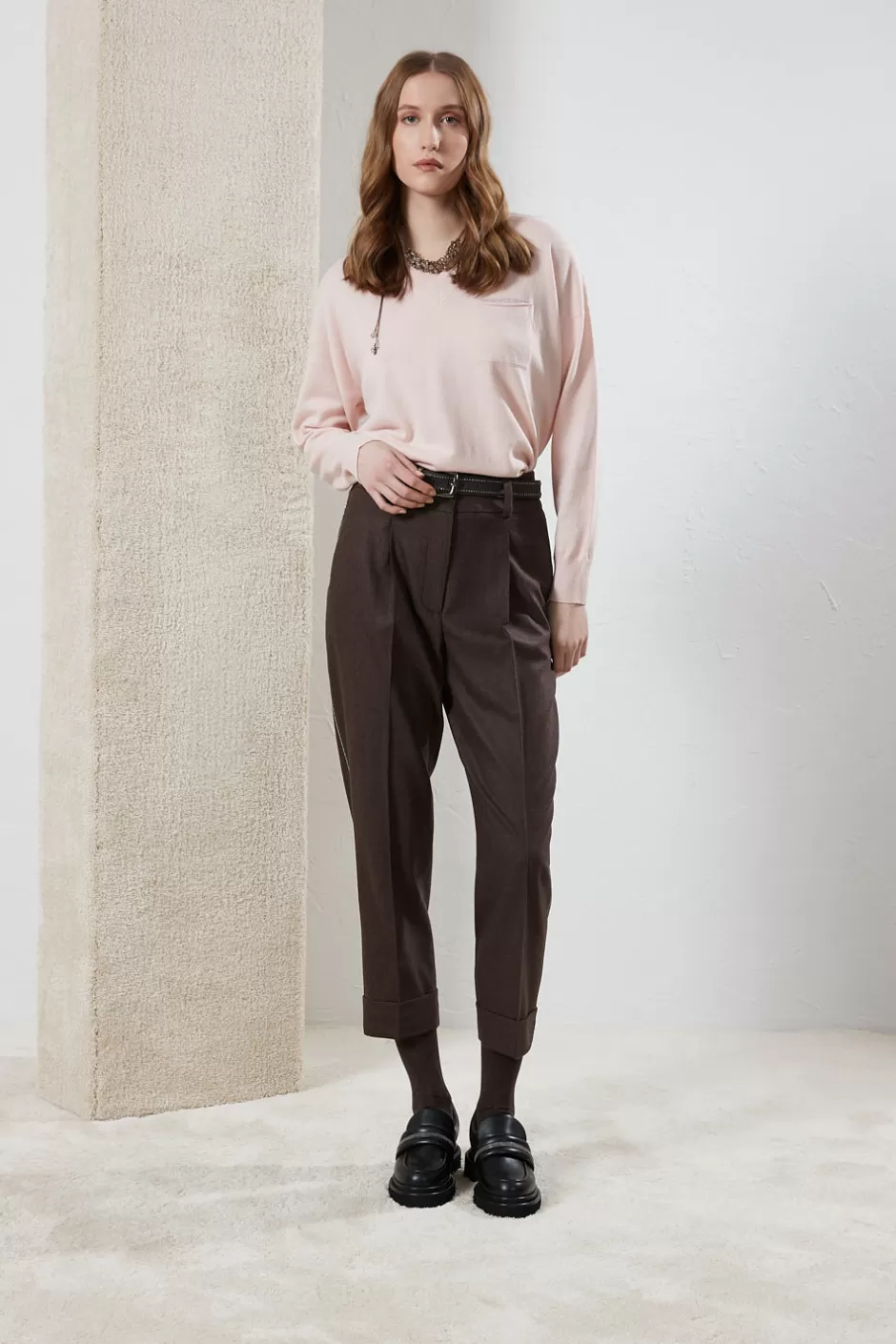 Pantaloni | Peserico Pantalone Carrot Con Pince In Flanella Di Lana E Cashmere Noce