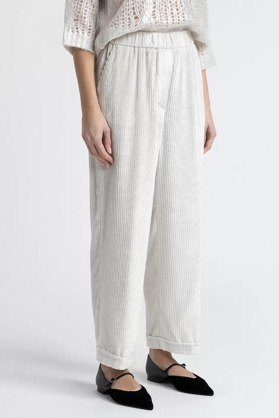 Completi E Set Coordinati | Pantaloni | Peserico Pantalone Cropped Con Elastico In Vita In Velluto A Coste Bianco naturale