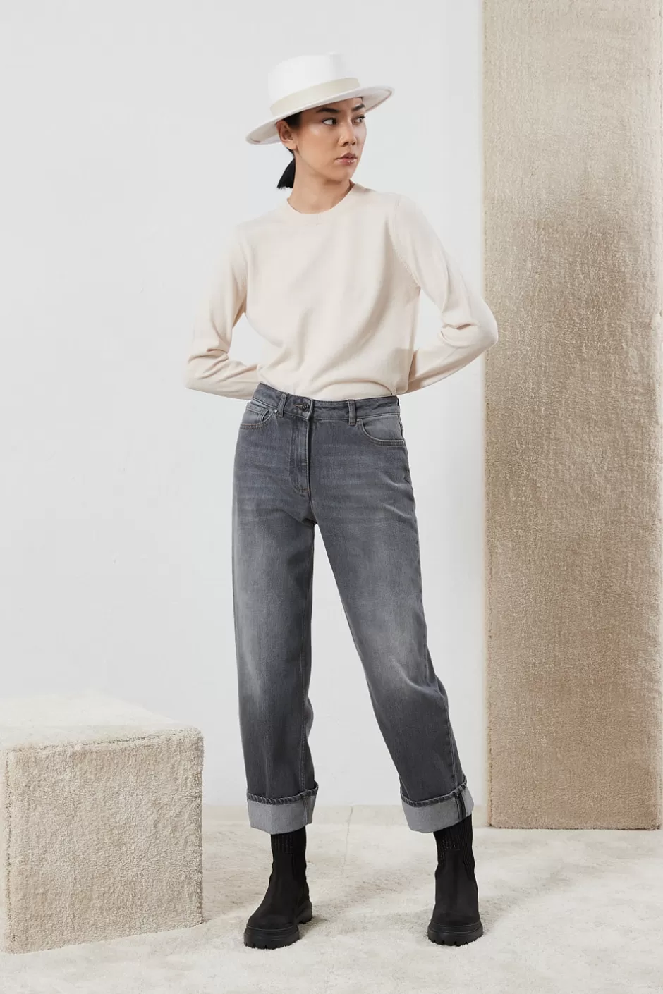 Denim | Pantaloni | Peserico Pantalone Cropped Denim In Cotone Comfort Grigio