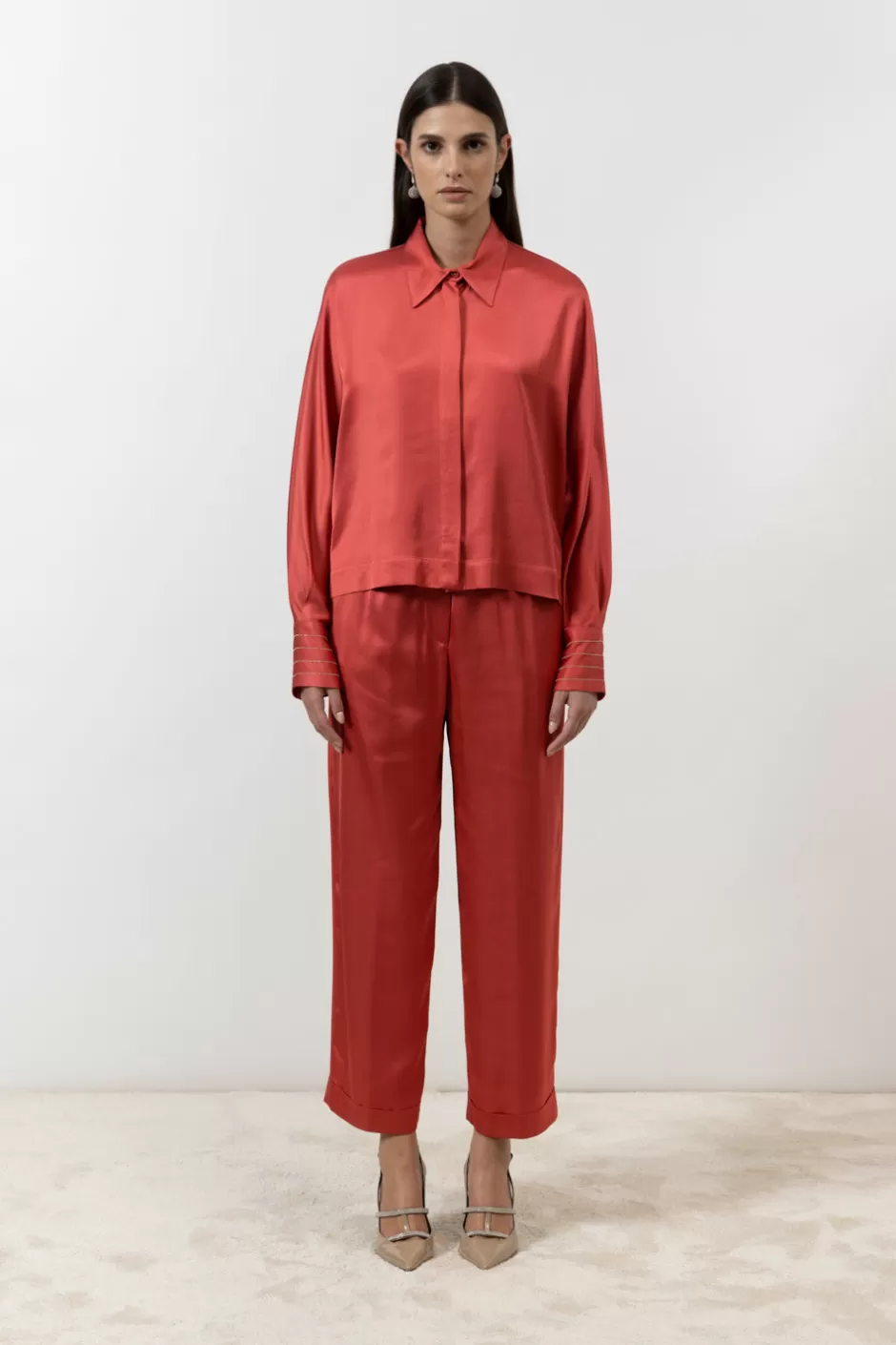 Completi E Set Coordinati | Pantaloni | Peserico Pantalone In Raso Di Viscosa Rosso Enrosadira