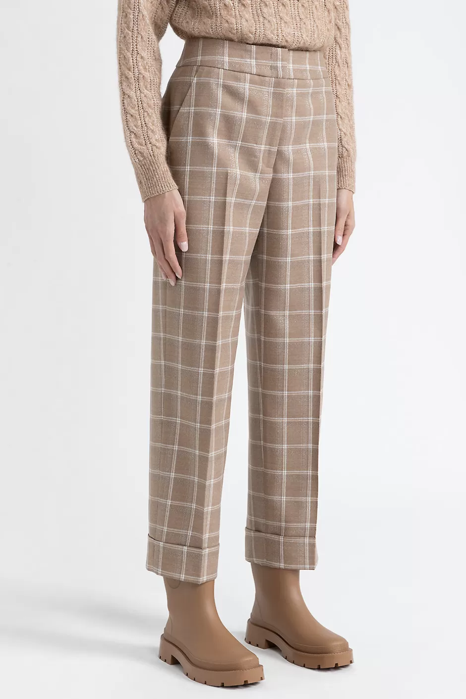 Pantaloni | Peserico Pantaloni In Lana E Lurex A Maxi Quadri Latte macchiato