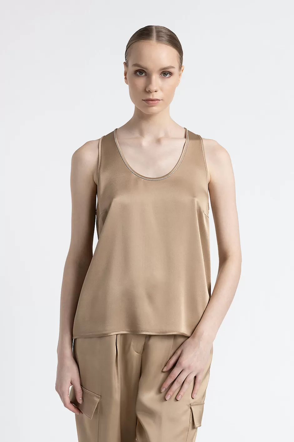 Top E T-Shirt | Peserico Top Con Scollo A U In Cady Enver Satin Con Punto Luce Cammello