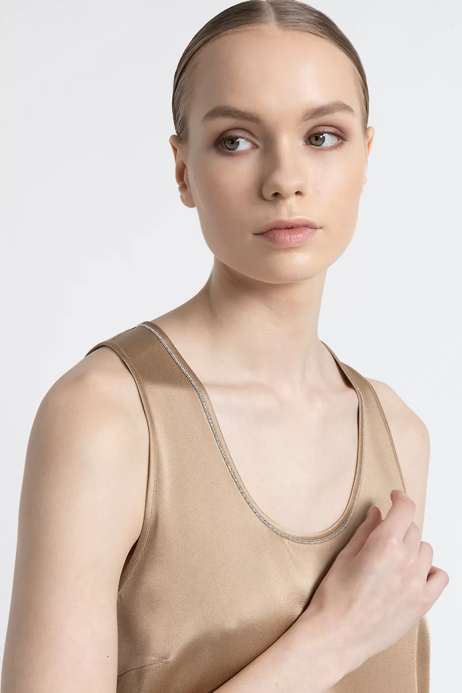 Top E T-Shirt | Peserico Top Con Scollo A U In Cady Enver Satin Con Punto Luce Cammello