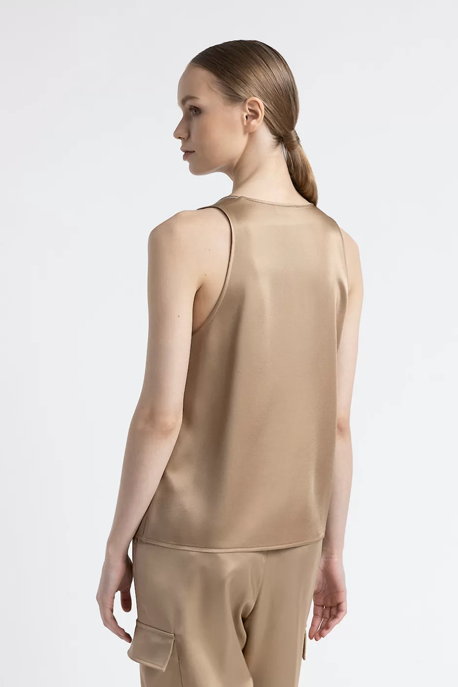 Top E T-Shirt | Peserico Top Con Scollo A U In Cady Enver Satin Con Punto Luce Cammello