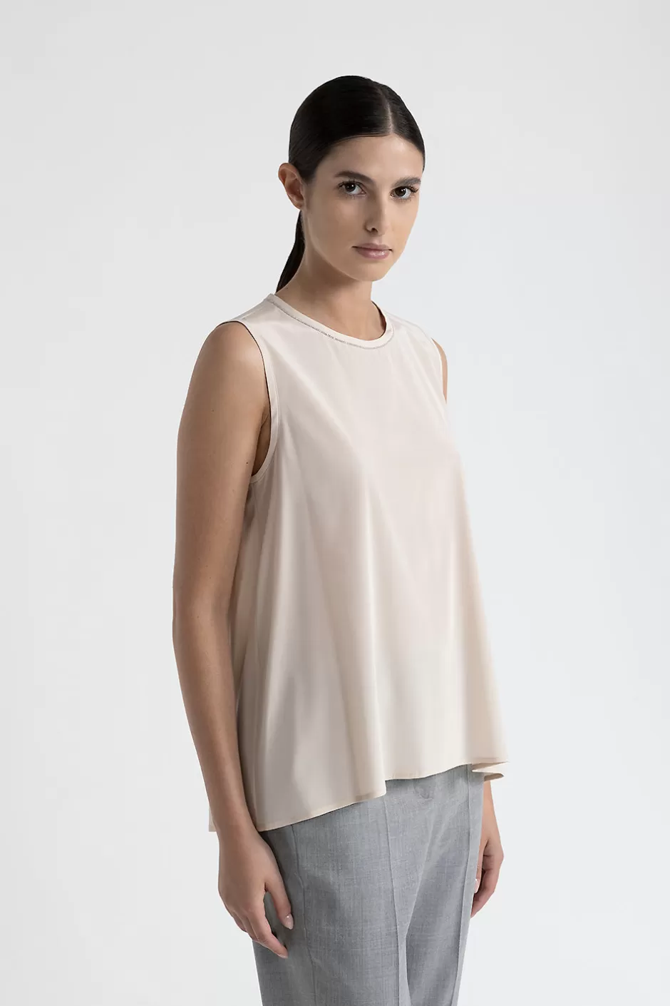 Top E T-Shirt | Peserico Top Girocollo In Crepe De Chine Di Seta Beige