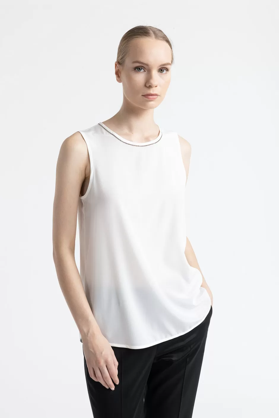 Top E T-Shirt | Peserico Top In Crepe De Chine Di Seta Stretch Con Punto Luce Bianco naturale