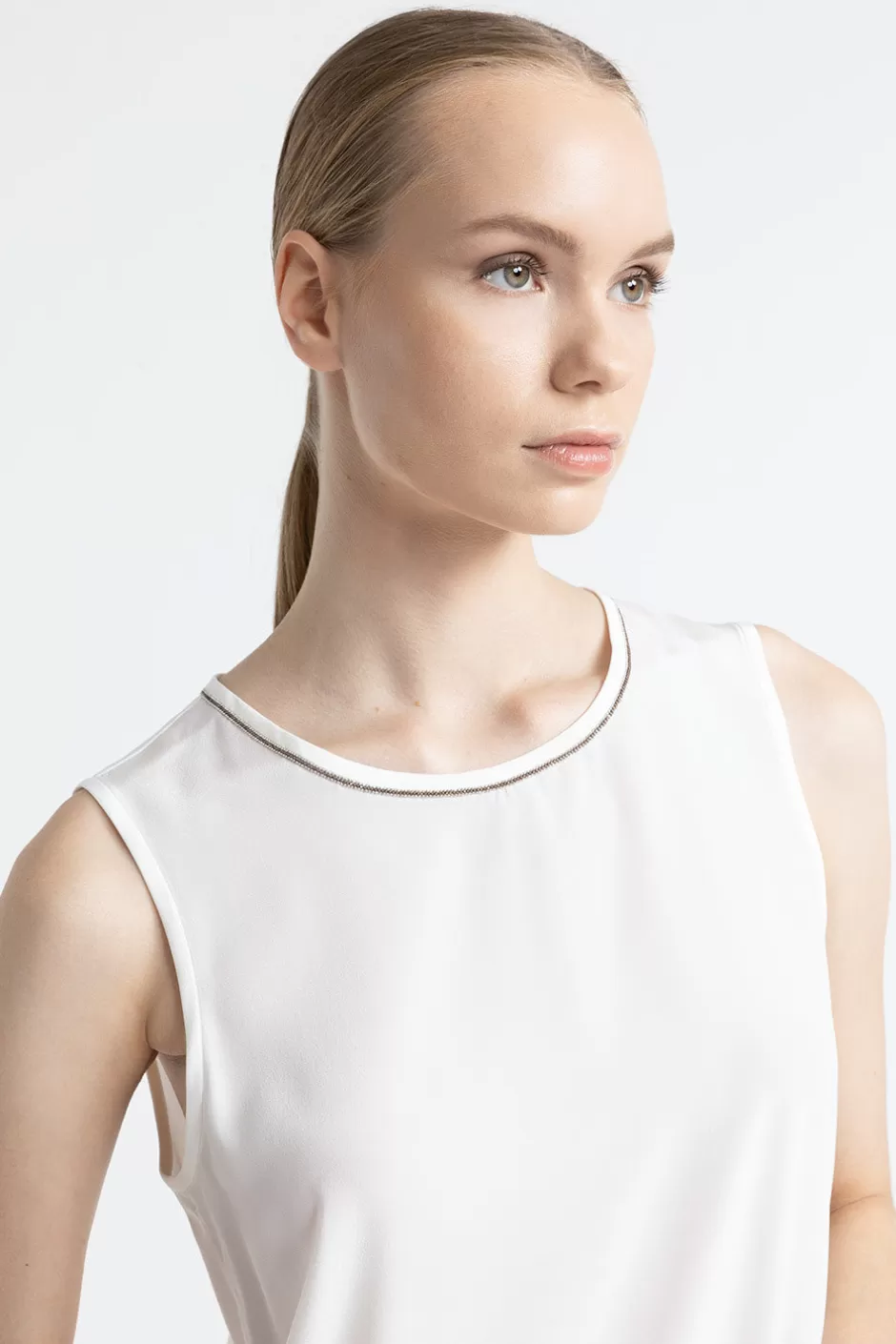 Top E T-Shirt | Peserico Top In Crepe De Chine Di Seta Stretch Con Punto Luce Bianco naturale
