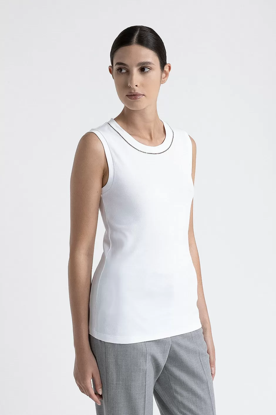 Top E T-Shirt | Peserico Top In Jersey Stretch Con Punto Luce Bianco Puro