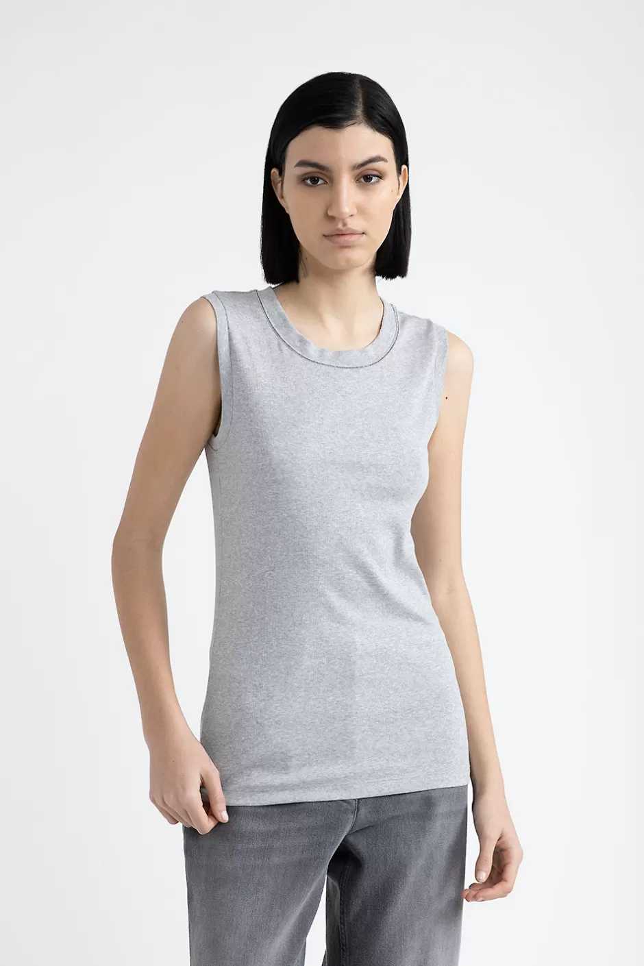 Top E T-Shirt | Peserico Top In Jersey Stretch Con Punto Luce Granito