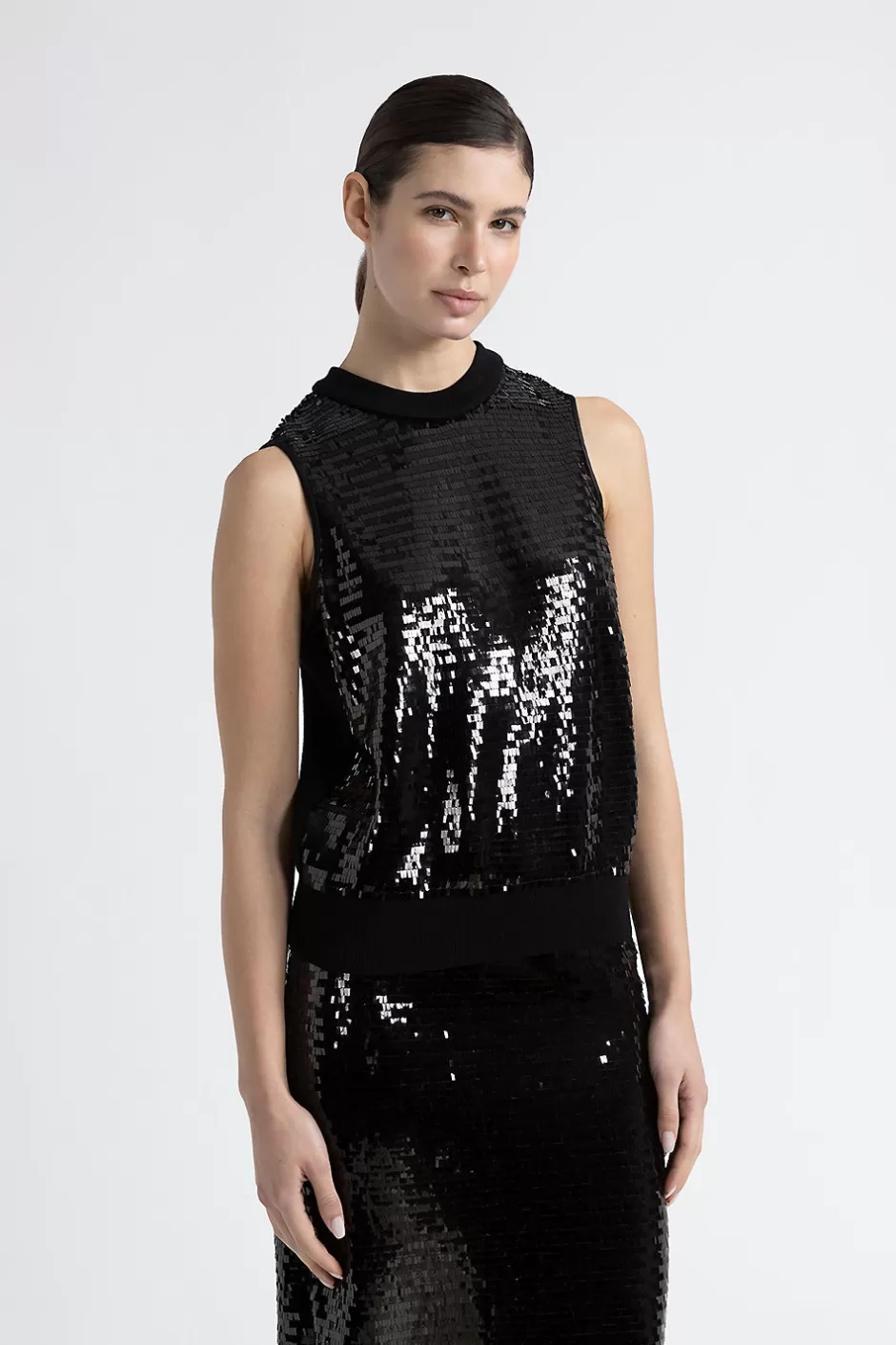 Top E T-Shirt | Peserico Top In Lana E Rete Di Paillettes Con Punto Luce Nero