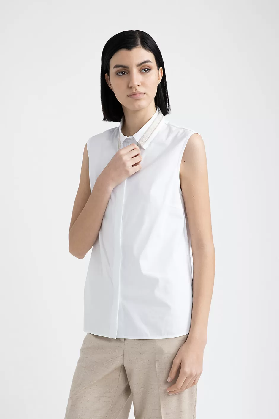 Camicie E Bluse | Peserico Top In Popeline E Jersey Di Cotone Stretch Con Punto Luce Bianco Puro