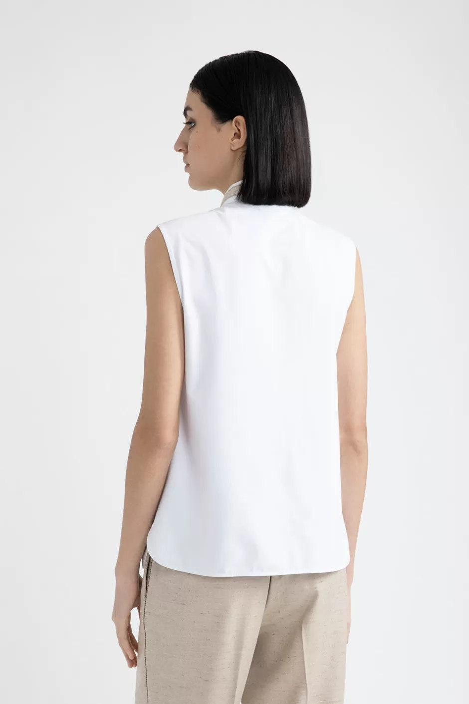 Camicie E Bluse | Peserico Top In Popeline E Jersey Di Cotone Stretch Con Punto Luce Bianco Puro