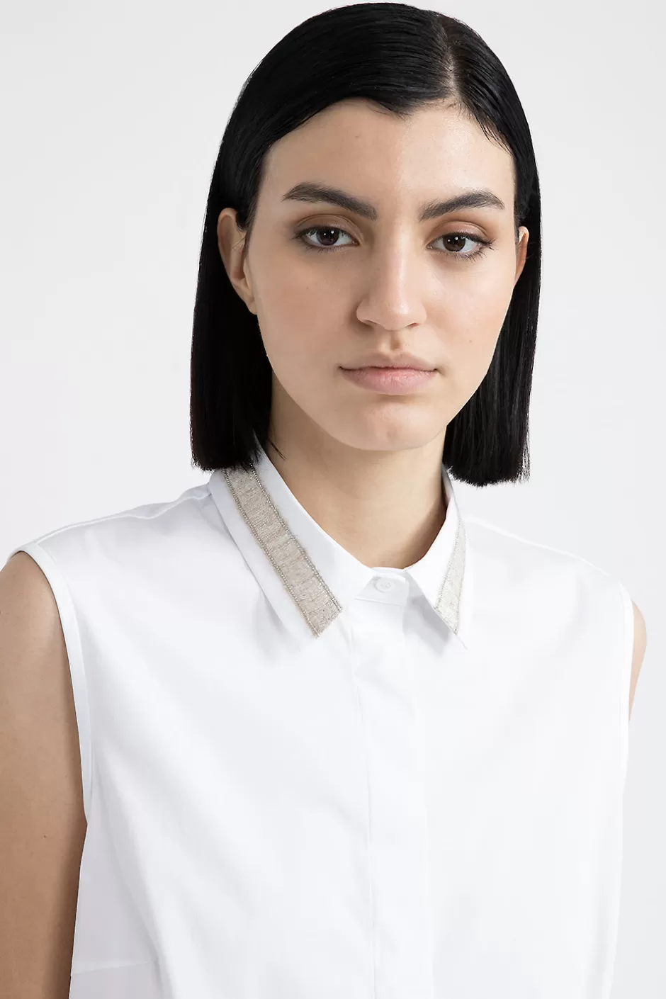 Camicie E Bluse | Peserico Top In Popeline E Jersey Di Cotone Stretch Con Punto Luce Bianco Puro