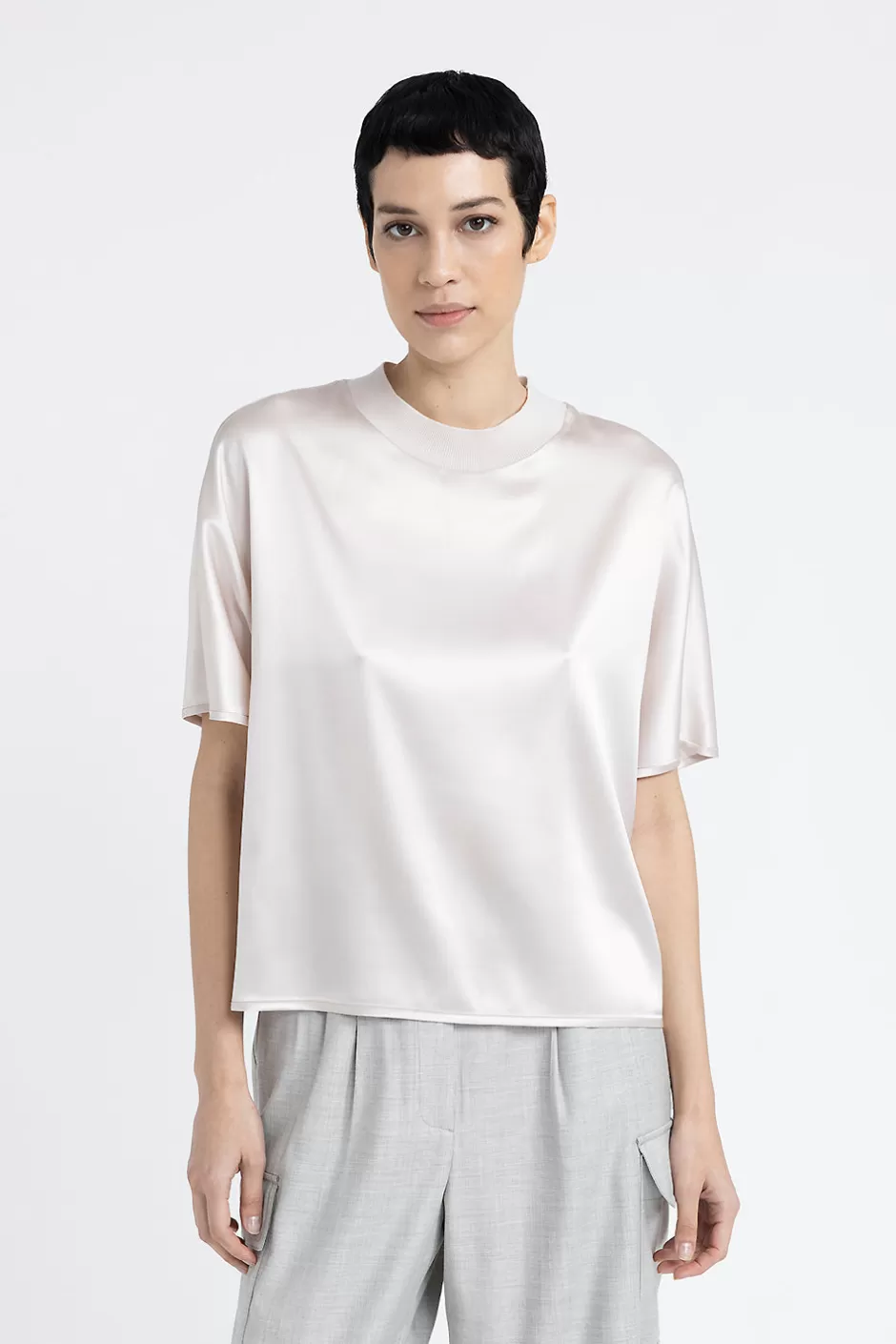 Top E T-Shirt | Peserico T-shirt Girocollo In Raso Di Seta Beige perla