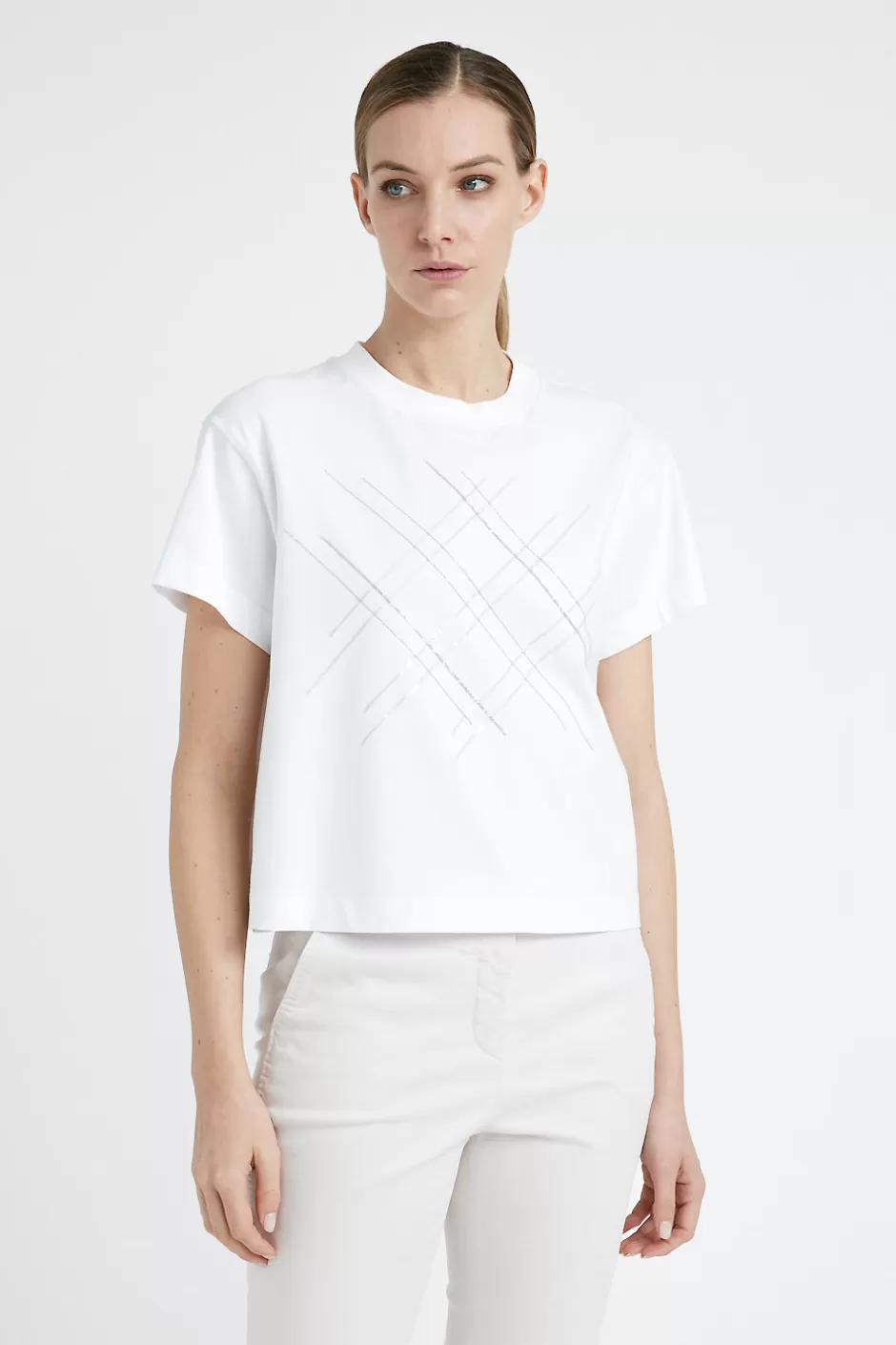 Top E T-Shirt | Peserico T-shirt In Jersey Di Cotone Con Ricamo Bianco Puro