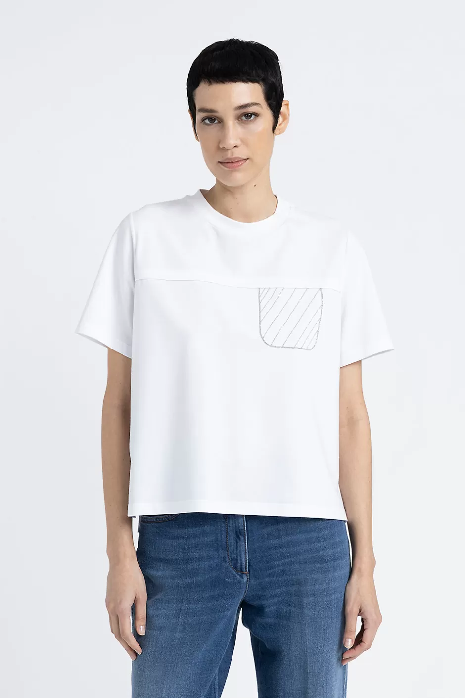 Top E T-Shirt | Peserico T-shirt In Jersey Di Cotone Con Ricamo Bianco Puro