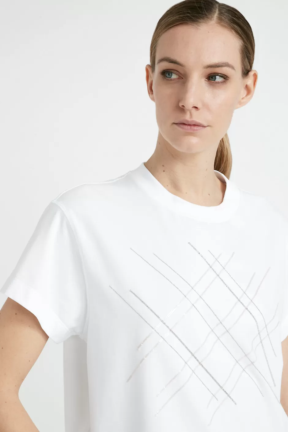 Top E T-Shirt | Peserico T-shirt In Jersey Di Cotone Con Ricamo Bianco Puro