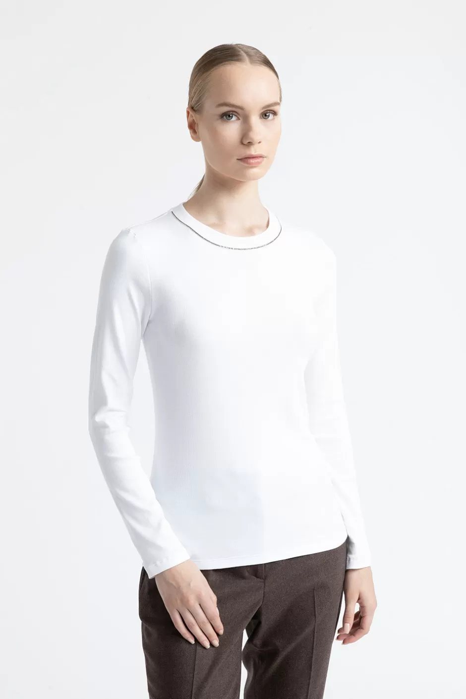 Top E T-Shirt | Peserico T-shirt In Jersey Stretch Con Punto Luce Bianco Puro